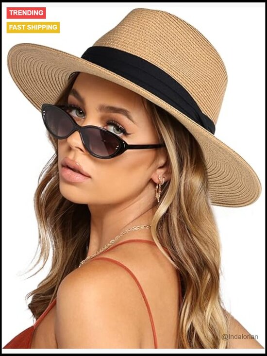 Wide Brim Straw Panama Fedora Hat UPF 80+ Summer Beach Sun Hat main image 4